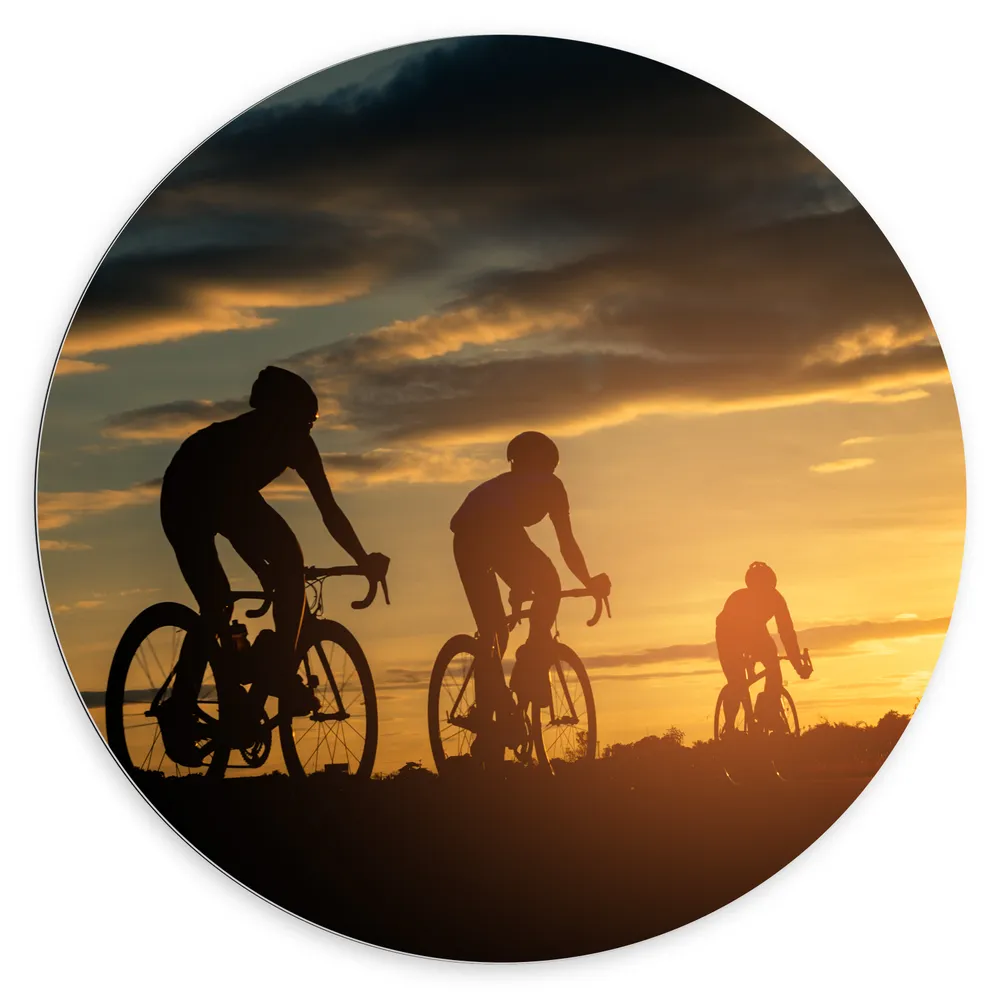 Dibond Muurcirkel - Mensen - Mountainbiken - Zonsondergang - Fietsen - Hobby