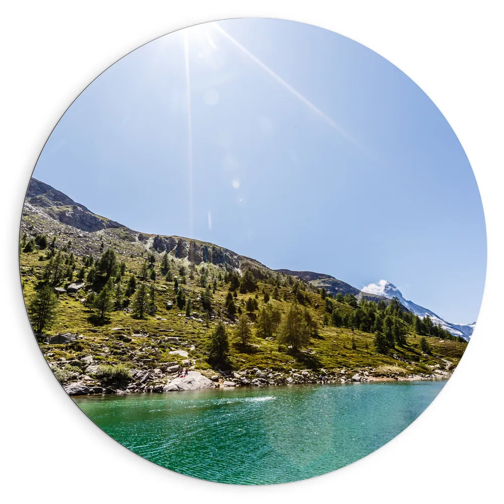 Dibond Muurcirkel - Zon boven Rivier in Zwitsers Landschap