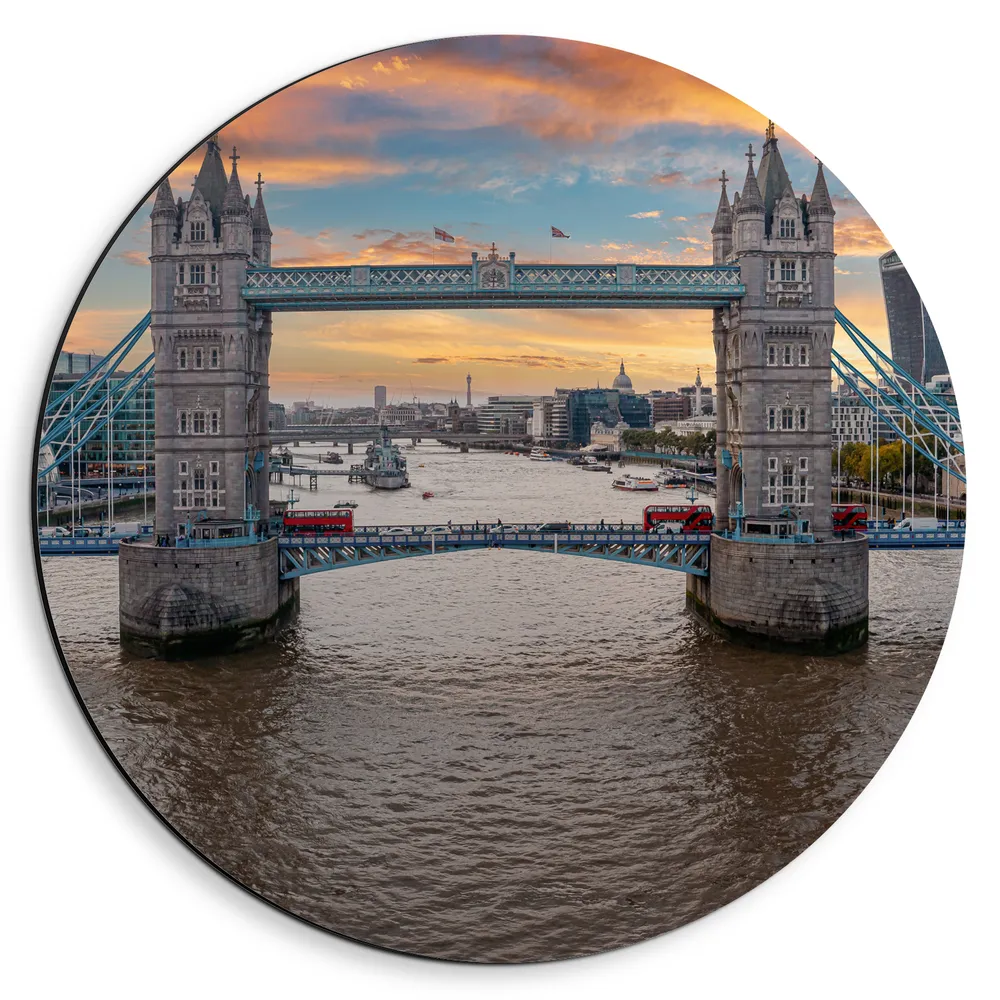 Dibond Muurcirkel - Vooraanzicht van de Tower Bridge in Londen tijdens Zonsondergang