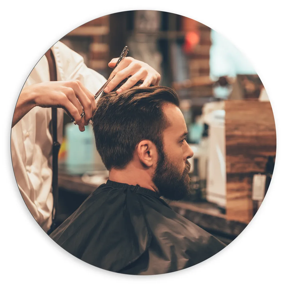 Dibond Muurcirkel - Kapper - Schaar - Knippen - Man - Haren