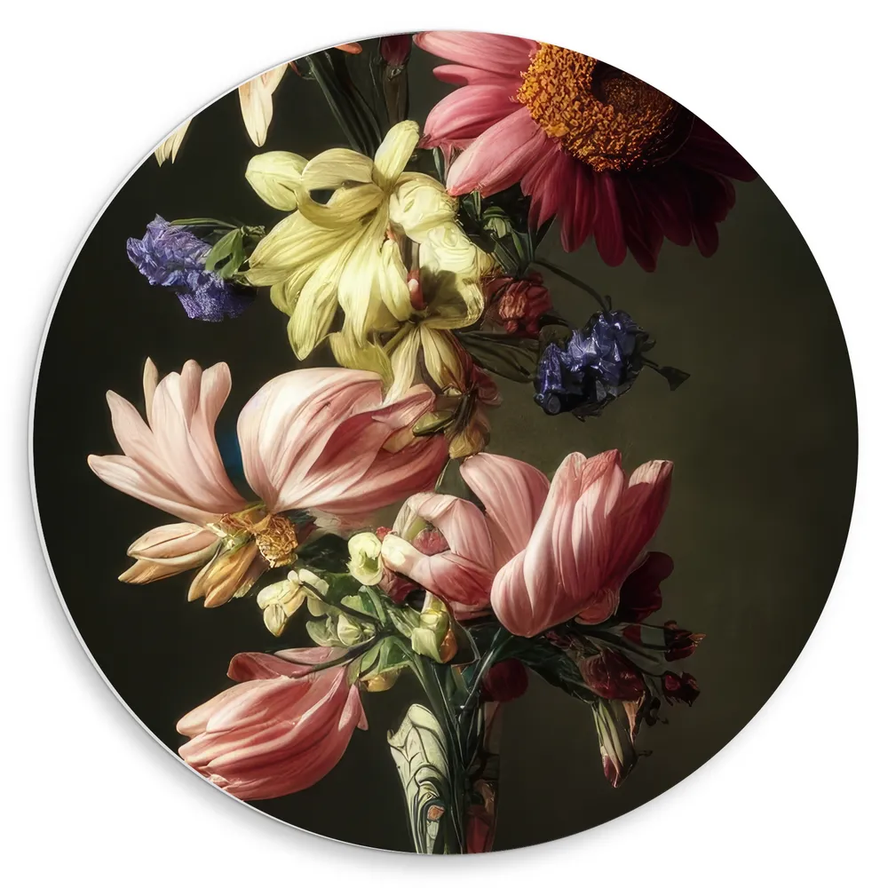 Dibond Muurcirkel - Verschillende Bloemen in Vaas