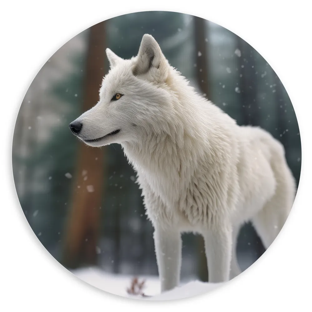 Dibond Muurcirkel - Witte Wolf in Besneeuwd Landschap met Kale Bomen