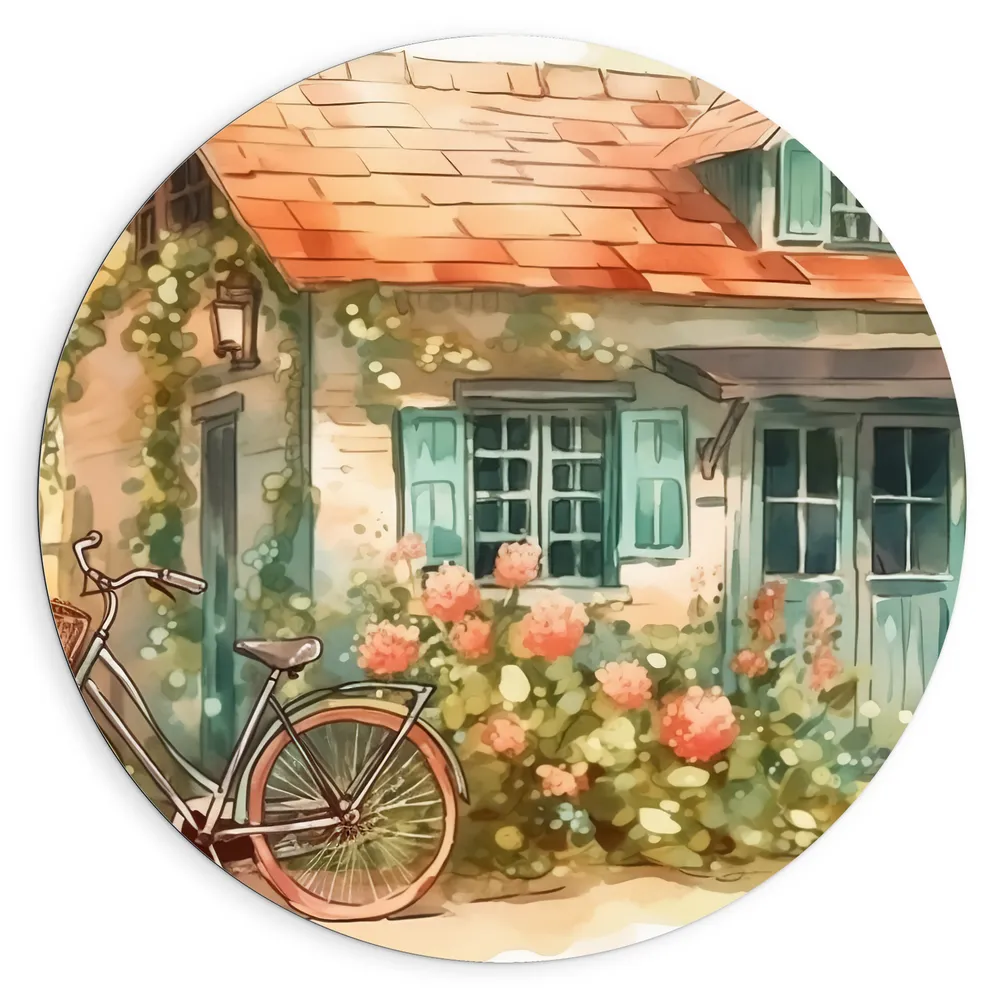 Dibond Muurcirkel - Schilderij - Huis - Fiets - Bloemen