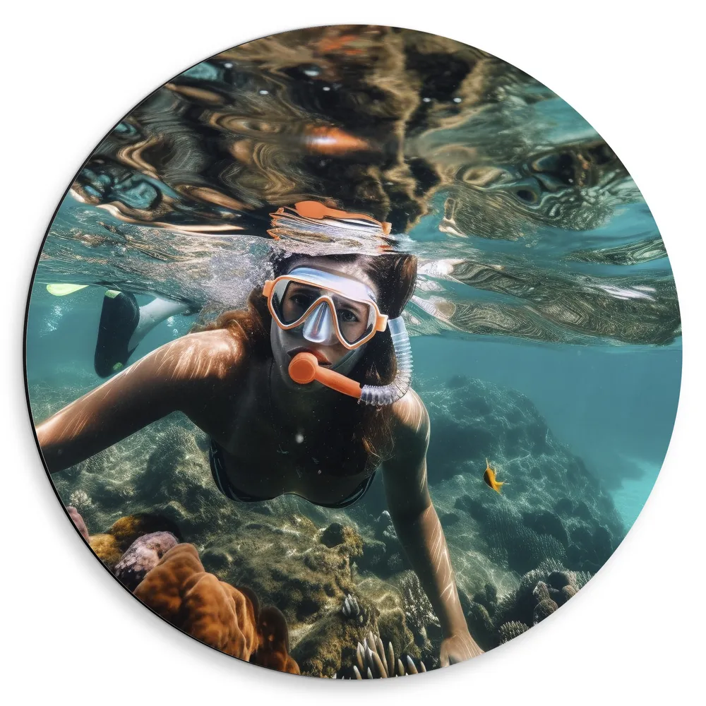 Dibond Muurcirkel - Duiken - Snorkelen - Oceaan - Zee - Vissen - Koraal