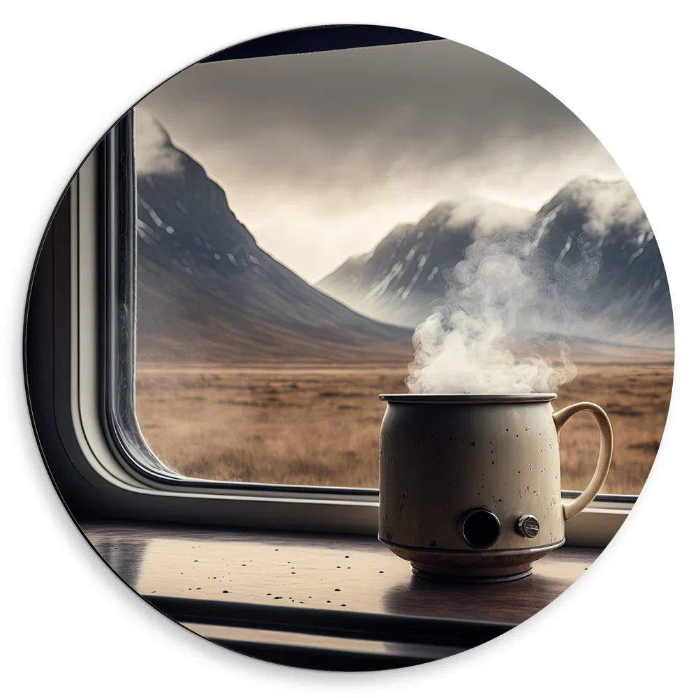 Dibond Muurcirkel - Stomende Kop Koffie in Camper met Uitzicht op Bergen