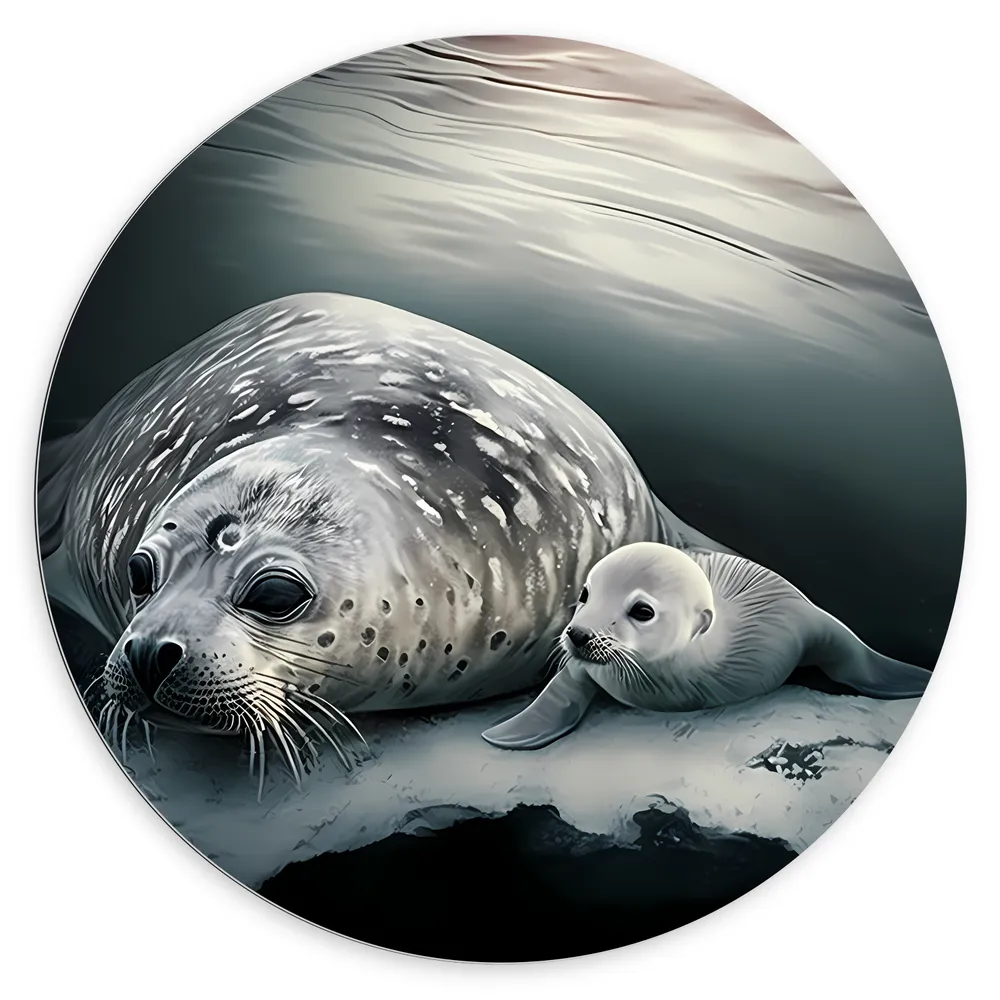 Dibond Muurcirkel - Grote en kleine zeehond liggen op ijs op het water