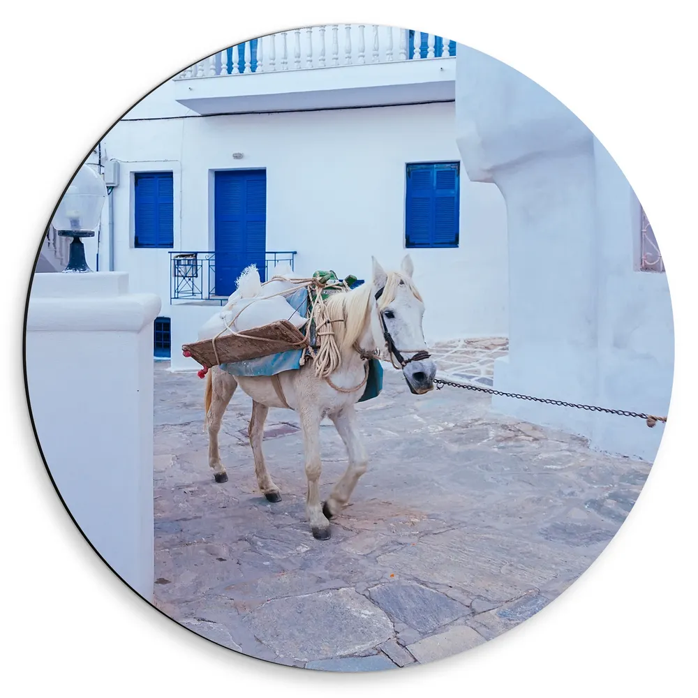 Dibond Muurcirkel - Vrachtpaard door de Stenen Straten van Santorini