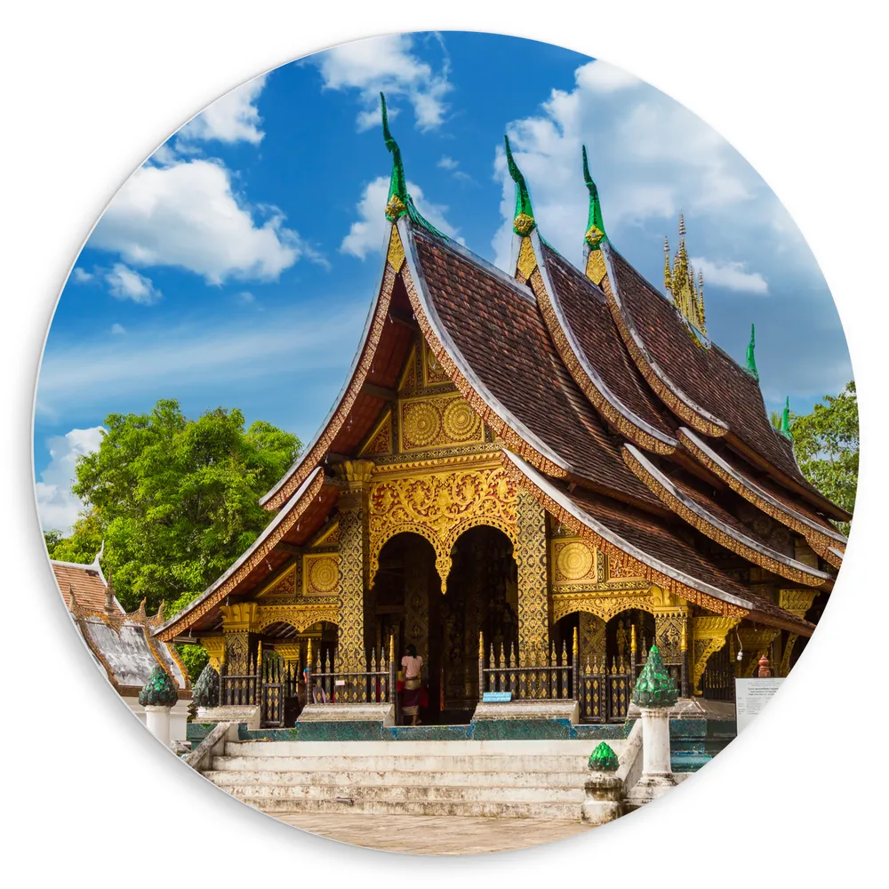 Dibond Muurcirkel - Goud met Bruine Wat Xiengthong Tempel in Luang Pabrang, Laos
