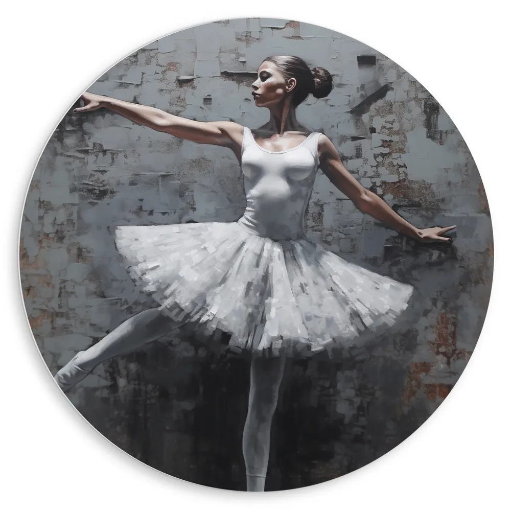 Dibond Muurcirkel - Muurschildering van Witte Dansende Ballerina