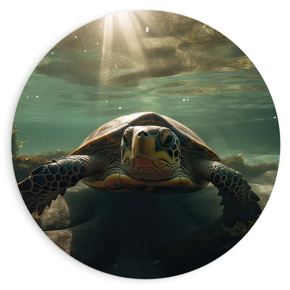 Dibond Muurcirkel - Oog in Oog met Zeeschildpad