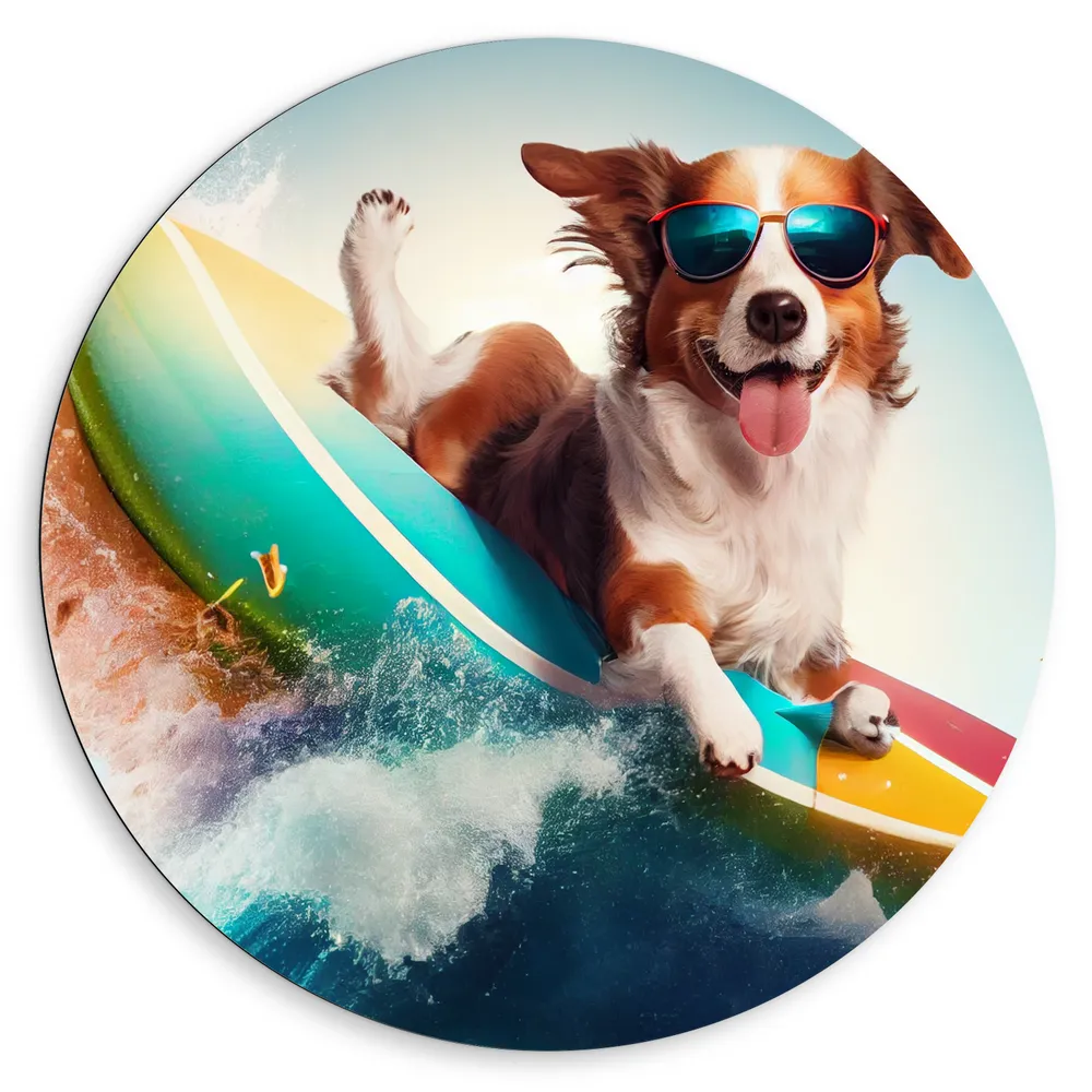 Dibond Muurcirkel - Bruin met Witte Hond met Zonnebril op Surfplank