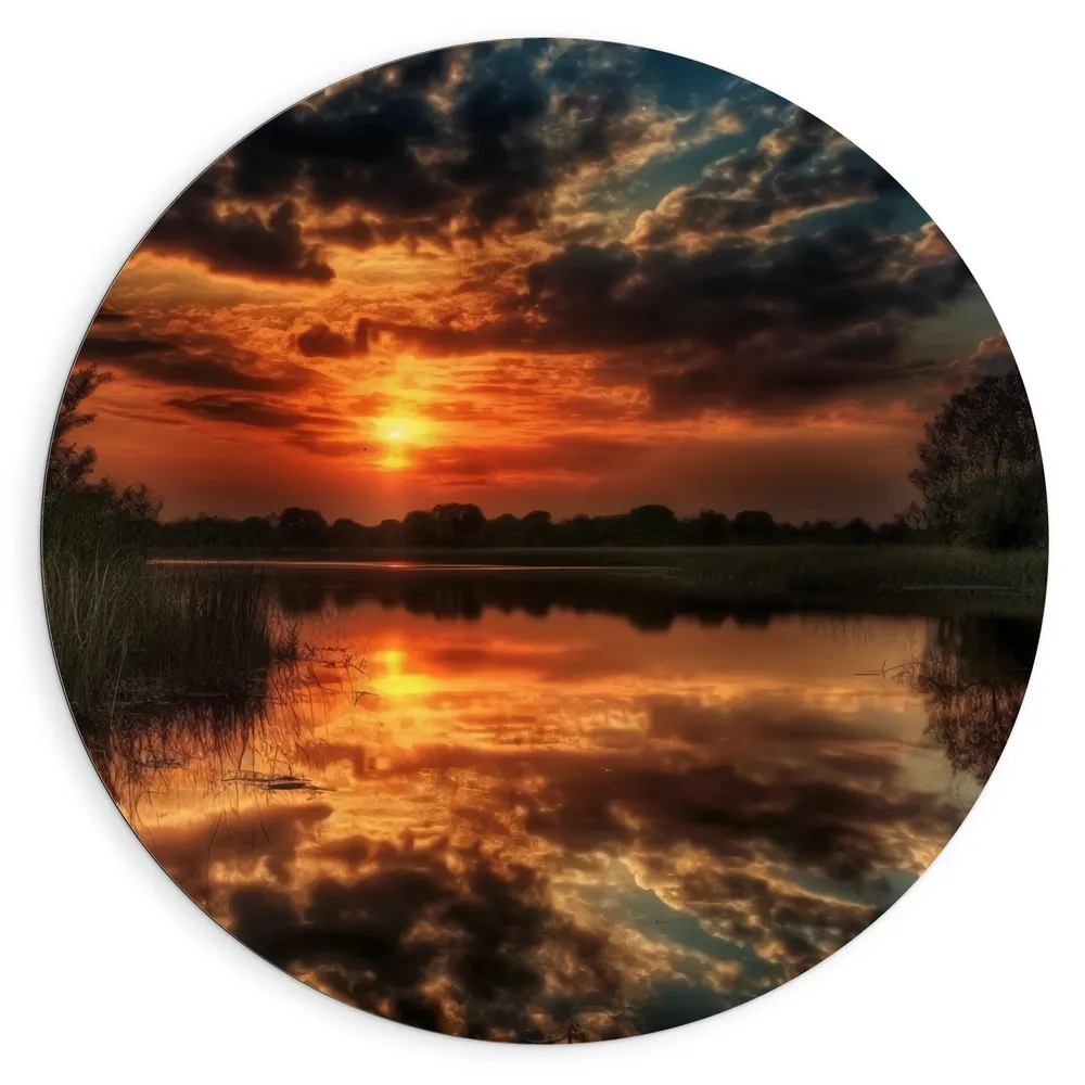 Dibond Muurcirkel - Water - Bomen - Zonsondergang - Kleuren - Wolken