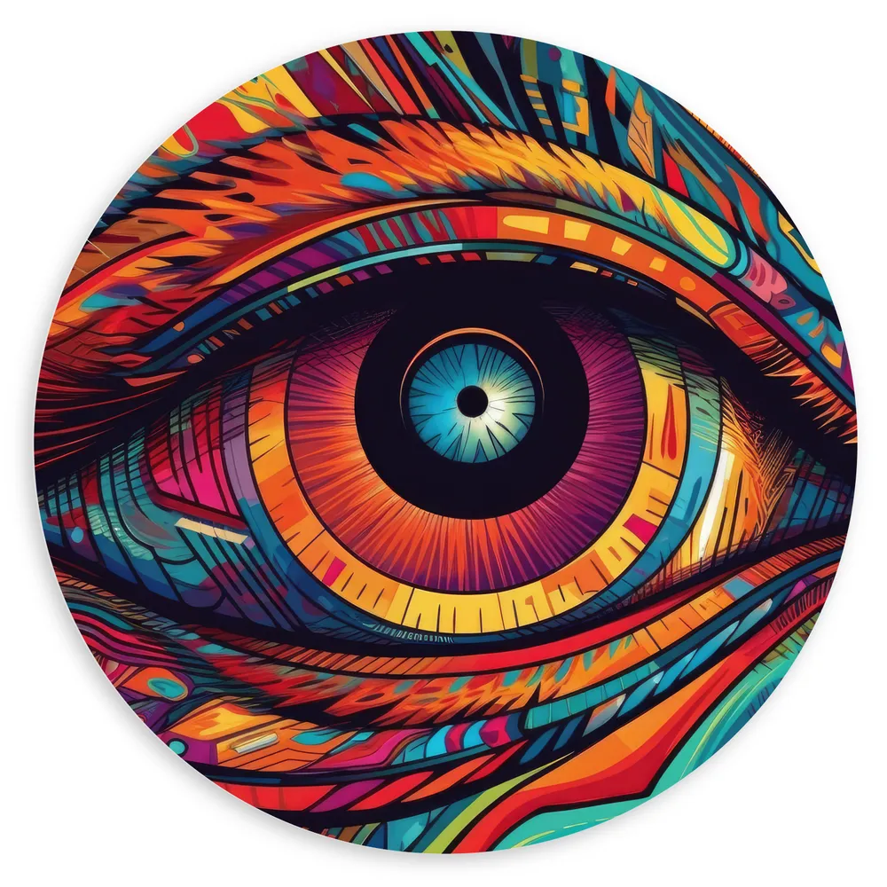 Dibond Muurcirkel - Blauw Oog op Kleurrijk Gezicht