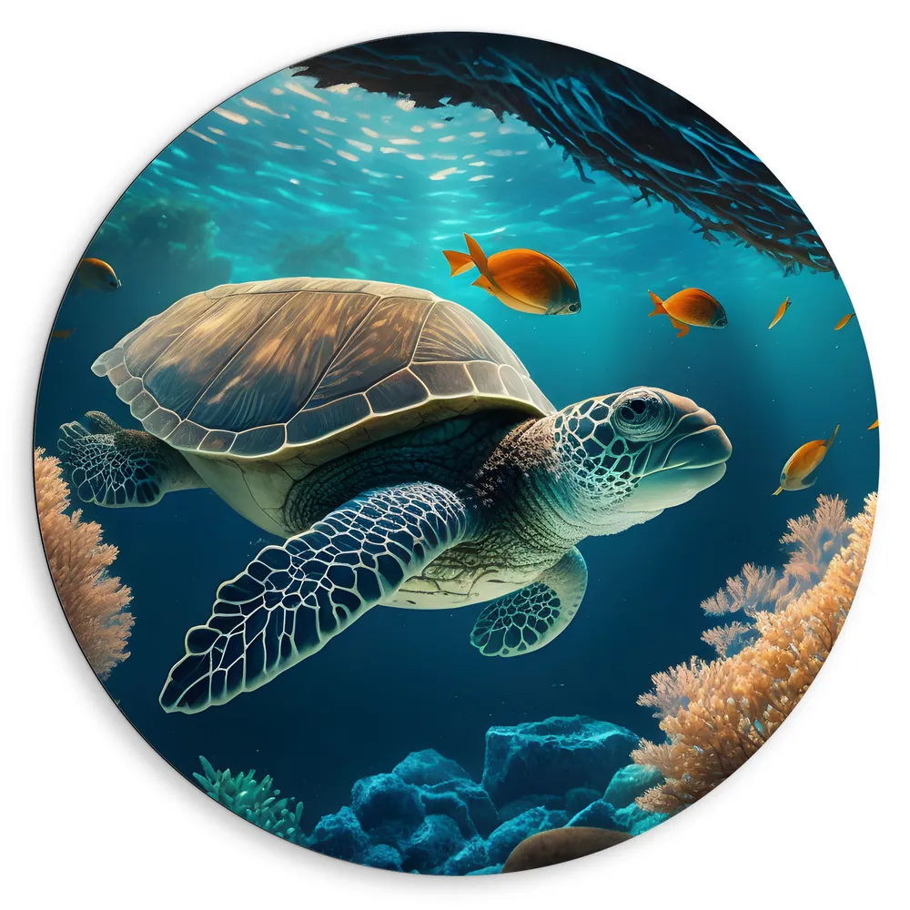 Dibond Muurcirkel - Cartoon van Zeeschildpad Zwemmend in Grotten op Zeebodem