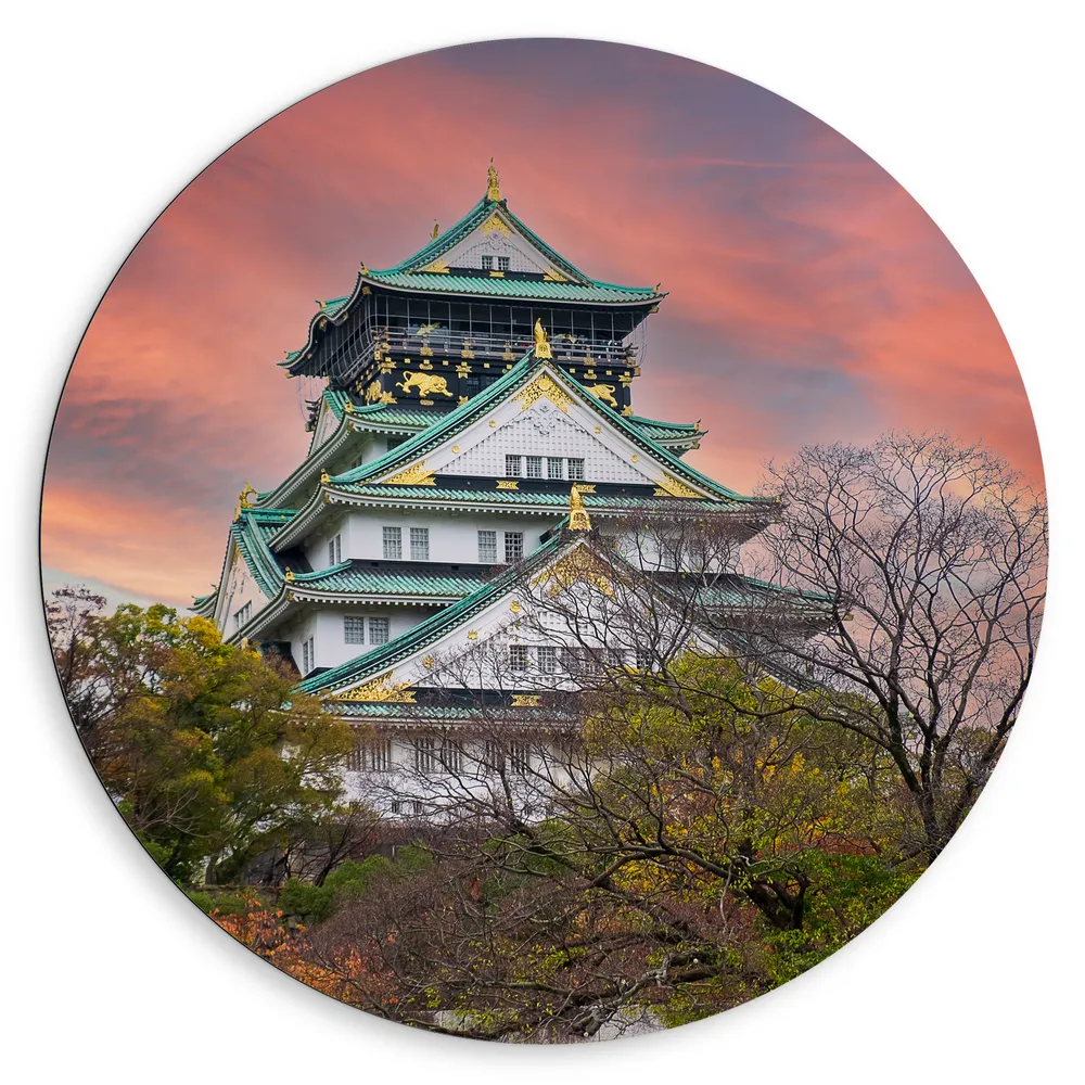 Dibond Muurcirkel - Wit met Blauw en Goud Osaka Kasteel, Japan