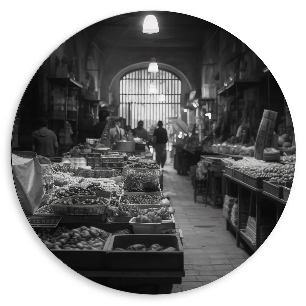 Dibond Muurcirkel - Markt - Eten - Zwart - Wit