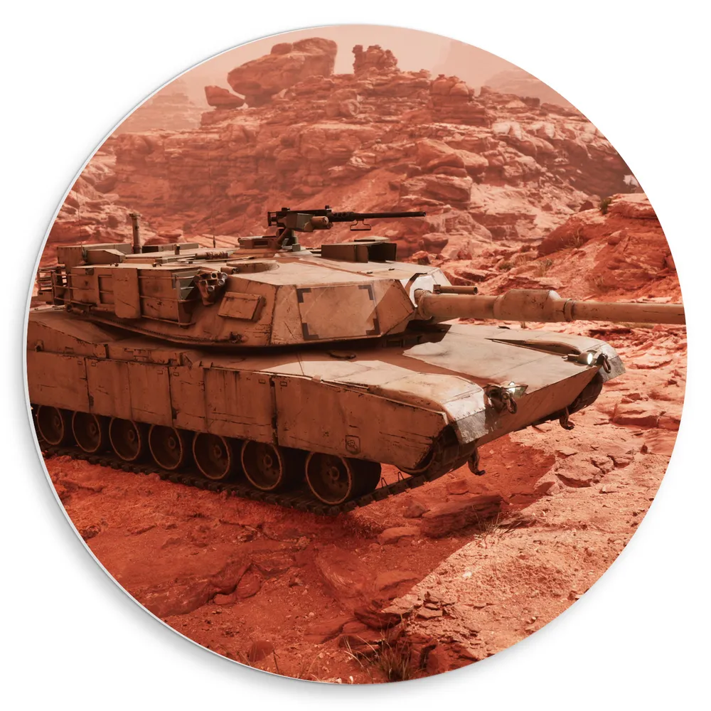 Dibond Muurcirkel - Tank Rijdend door Landschap Vol Rotsen