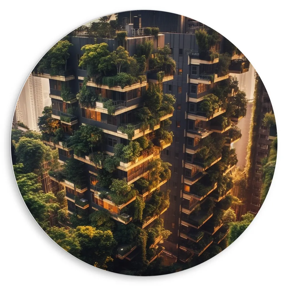 Dibond Muurcirkel - Flat - Gebouw - Bomen - Struiken - Groen