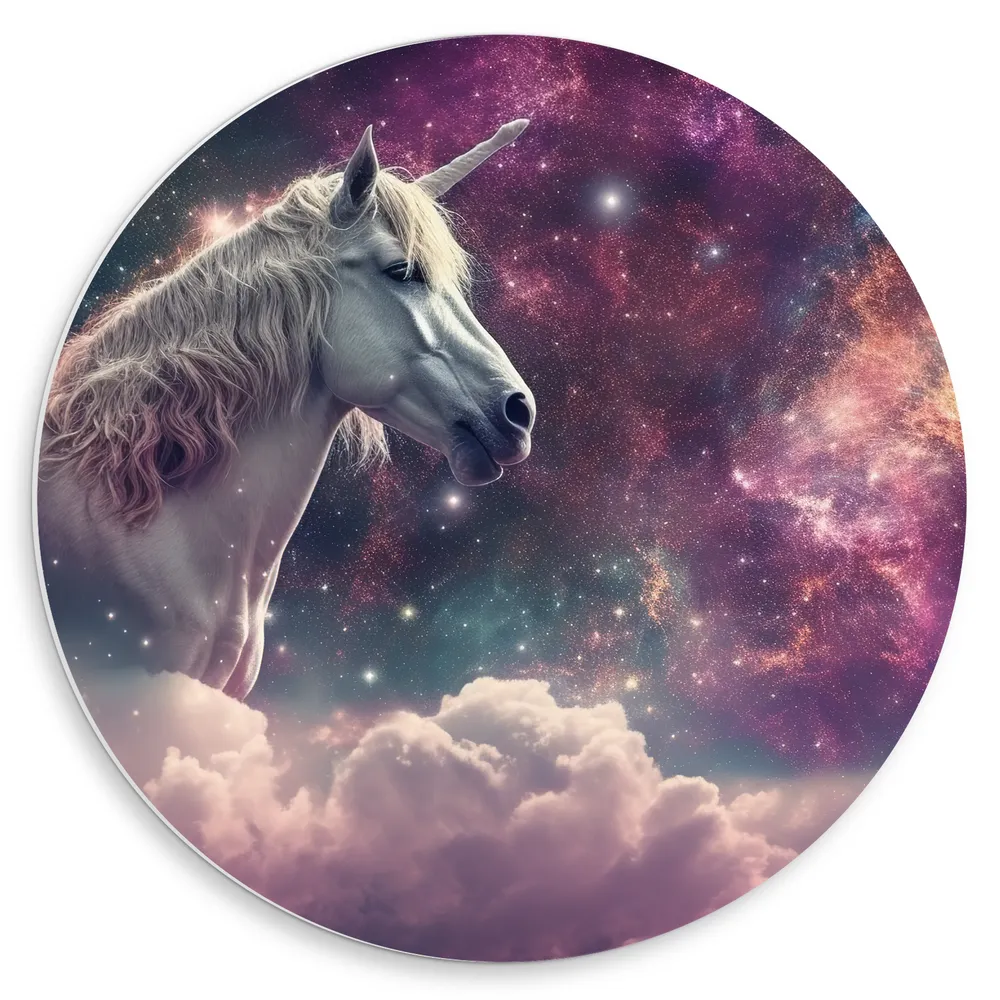 Dibond Muurcirkel - Eenhoorn - Unicorn - Wolken - Kleuren - Sterren