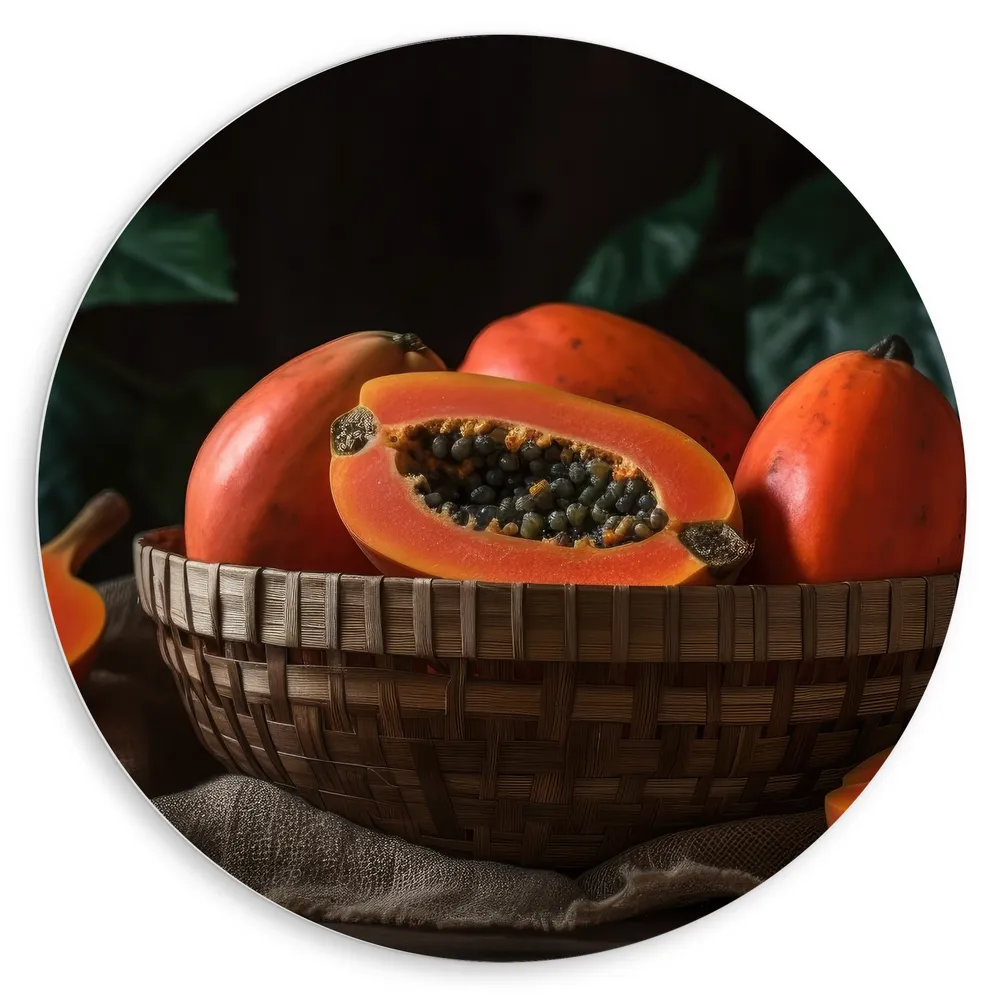 Dibond Muurcirkel - Papaja - Fruit - Oranje - Pitten - Mandje - Kleuren