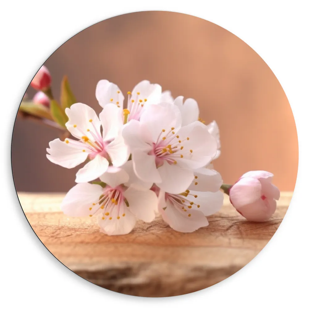 Dibond Muurcirkel - Licht Roze Sakura Bloemen op Houten Plank