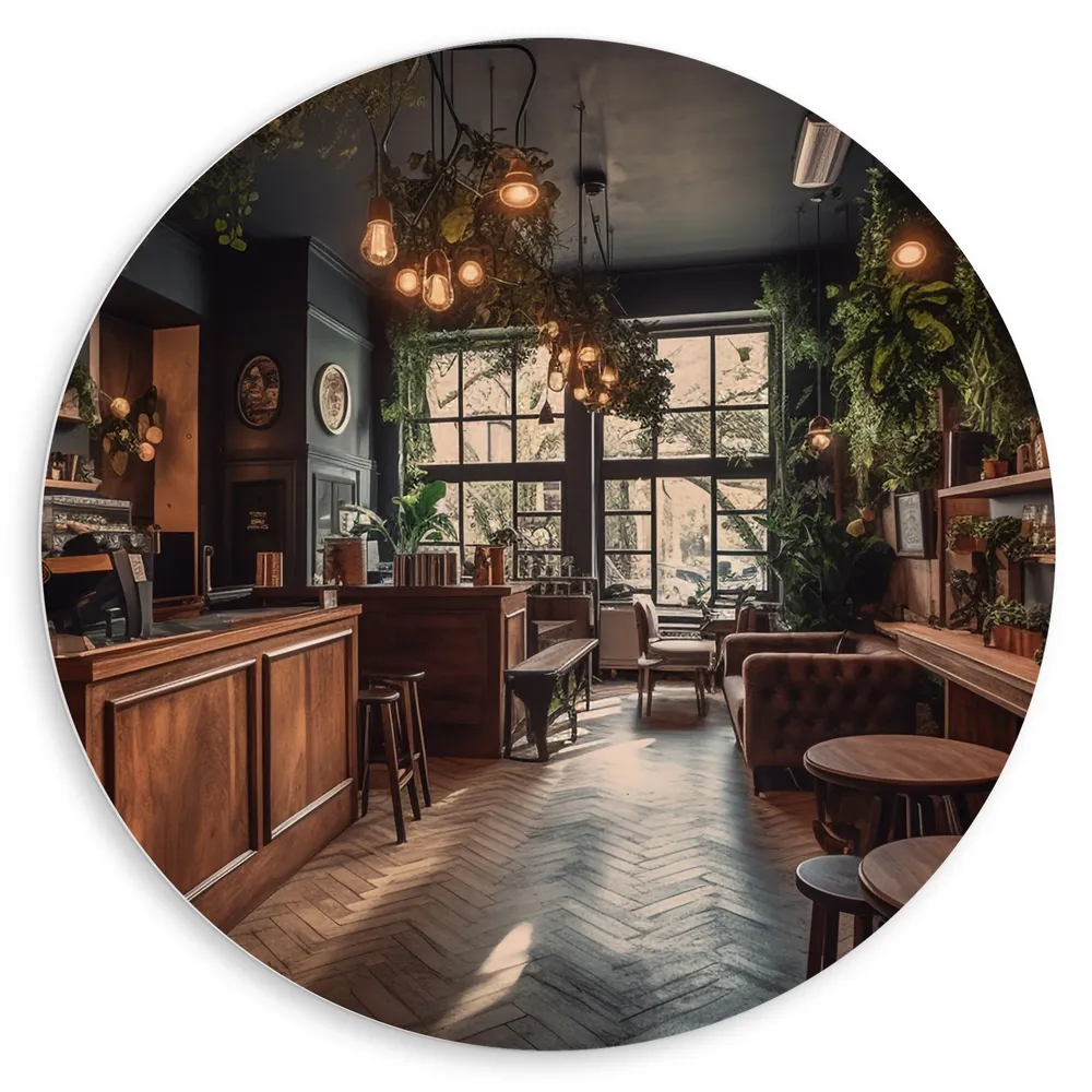 Dibond Muurcirkel - Bar - Plantjes - Groen - Stoelen