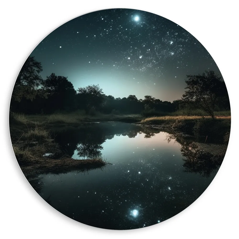 Dibond Muurcirkel - Landschap - Sterren - Water - Bomen - Nacht