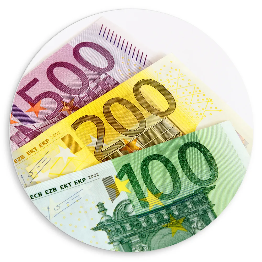 Dibond Muurcirkel - 500, 200 en 100 euro biljet