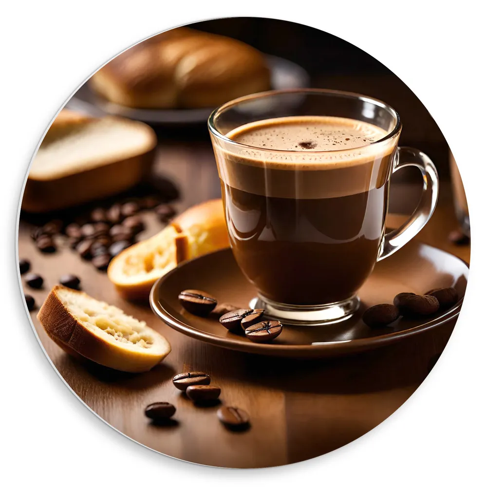 Dibond Muurcirkel - Koffie - Kopje - Bordje - Bonen - Brood - Eten - Drinken