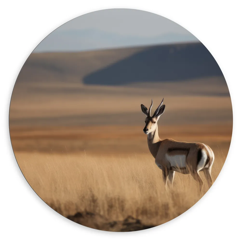Dibond Muurcirkel - Gazelle in open gebied met hoog gras en bergen op de achtergrond