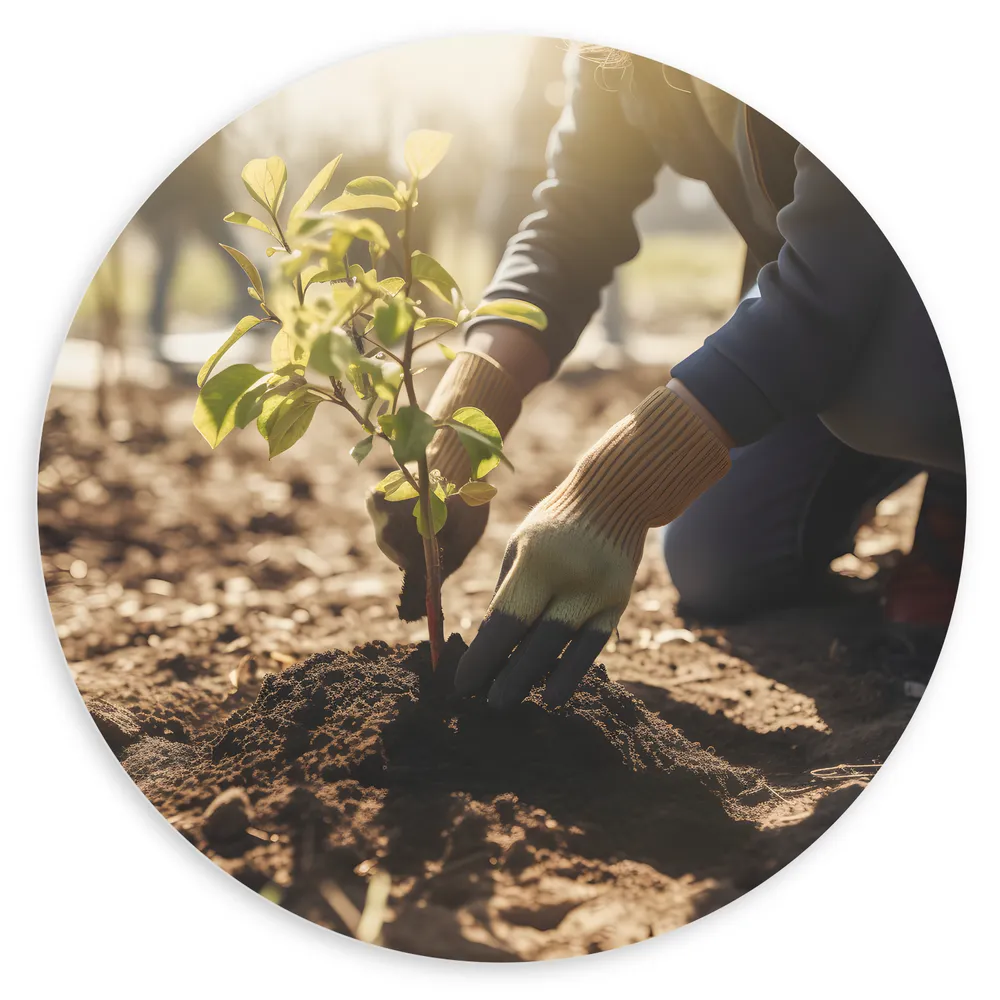 Dibond Muurcirkel - Tuinieren - Planten - Zand - Handcshoenen