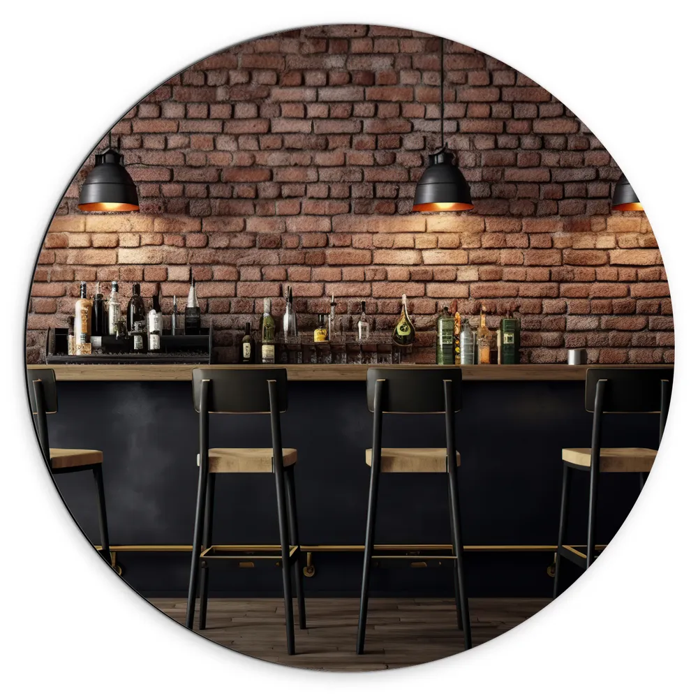 Dibond Muurcirkel - Bar - Flessen - Drank - Krukken - Lampen - Hout - Kleuren