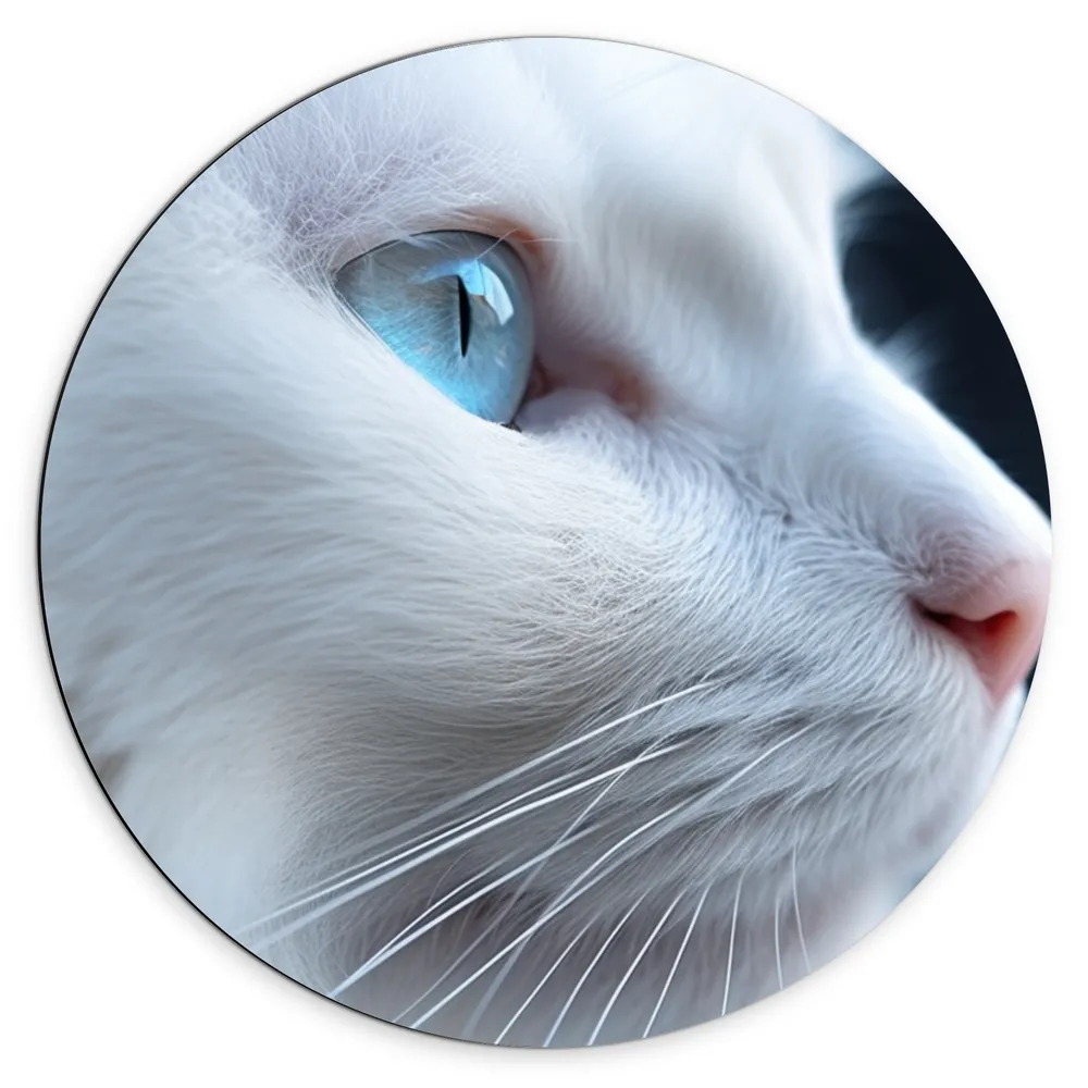 Dibond Muurcirkel - Close-up van Opzijkijkende Witte Kat met Felblauwe Ogen