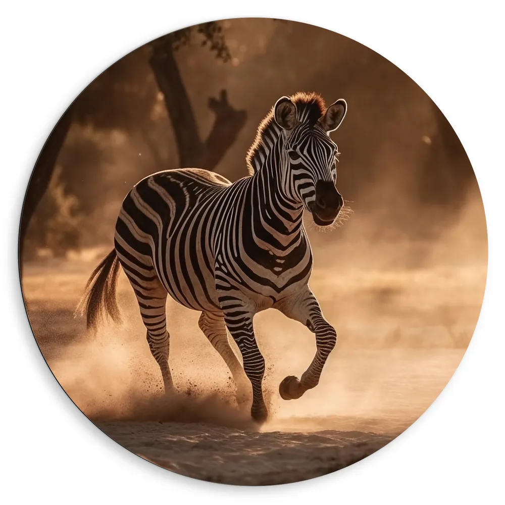 Dibond Muurcirkel - Rennende Zebra in Landschap