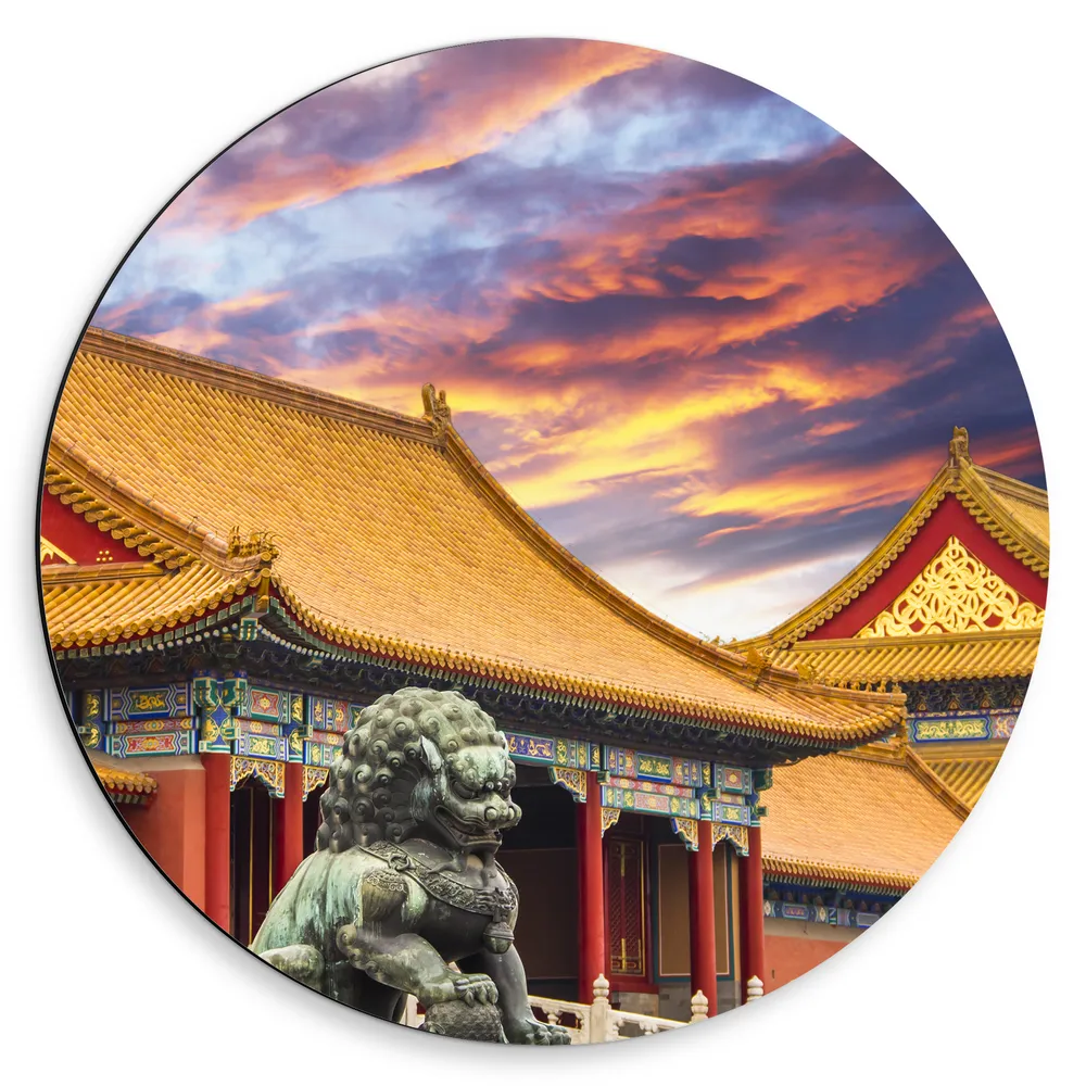 Dibond Muurcirkel - Tempel met Gouden en Rode Details in Beijing, China