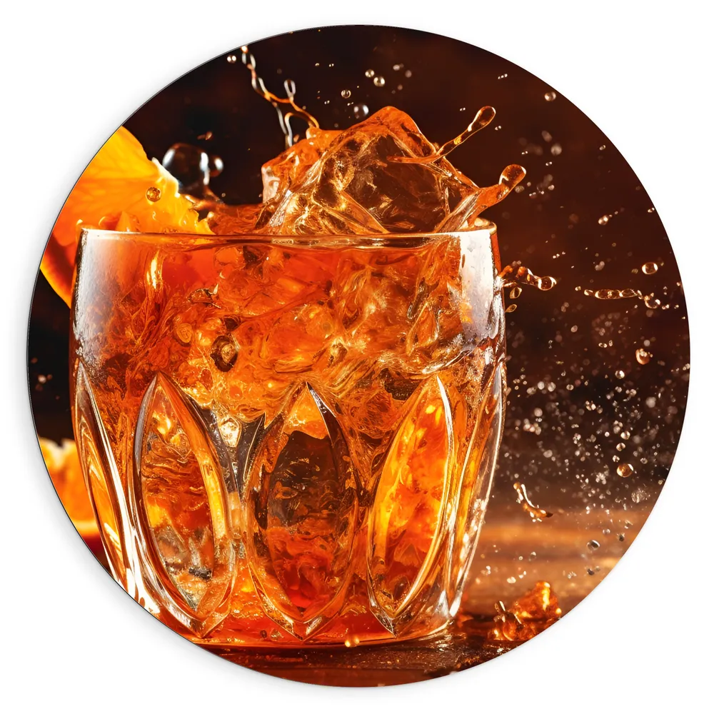 Dibond Muurcirkel - Glas - Drinken - Ijs - Fruit - Sinaasappel - Spetters - Druppels