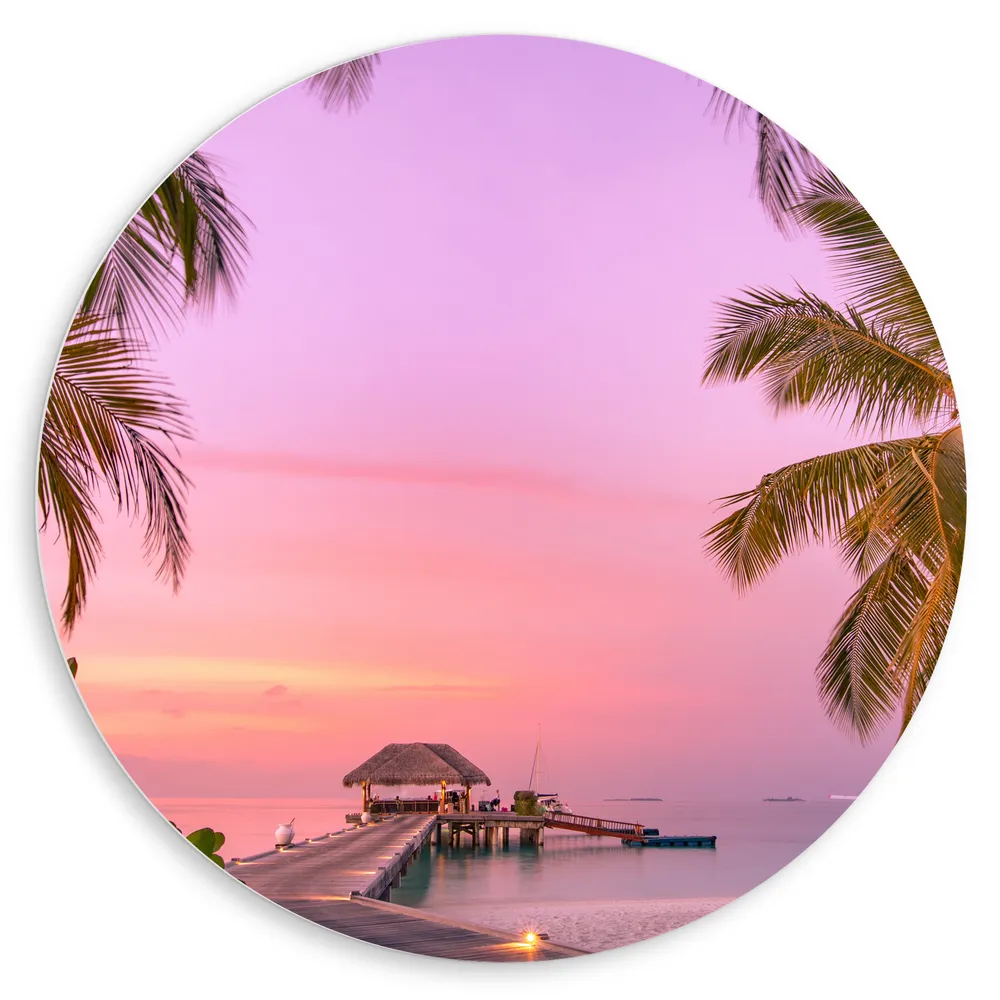 Dibond Muurcirkel - Maledieven Resort op het Water met Pastelkleurige Lucht