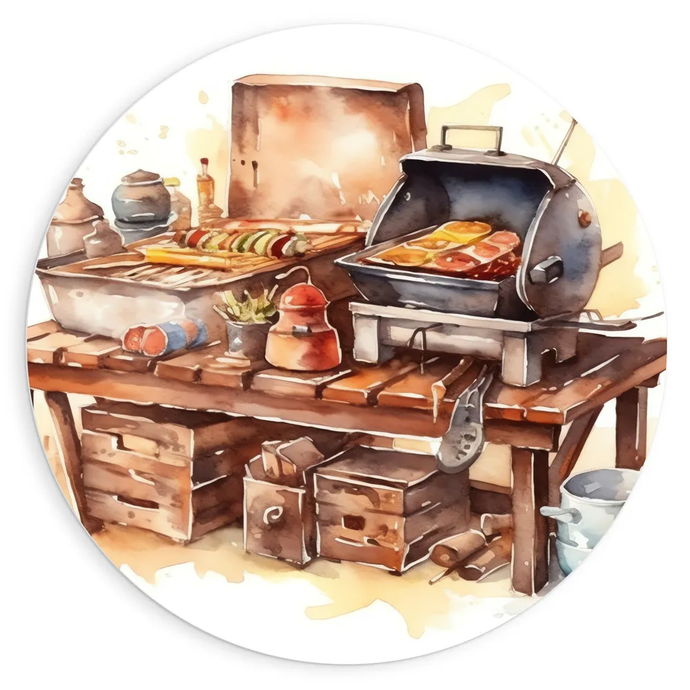Dibond Muurcirkel - Waterverf Tekening met Barbecue en Eten
