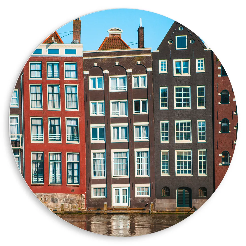 Dibond Muurcirkel - Traditionele Grachtenpanden van Amsterdam in Verschillende Kleuren