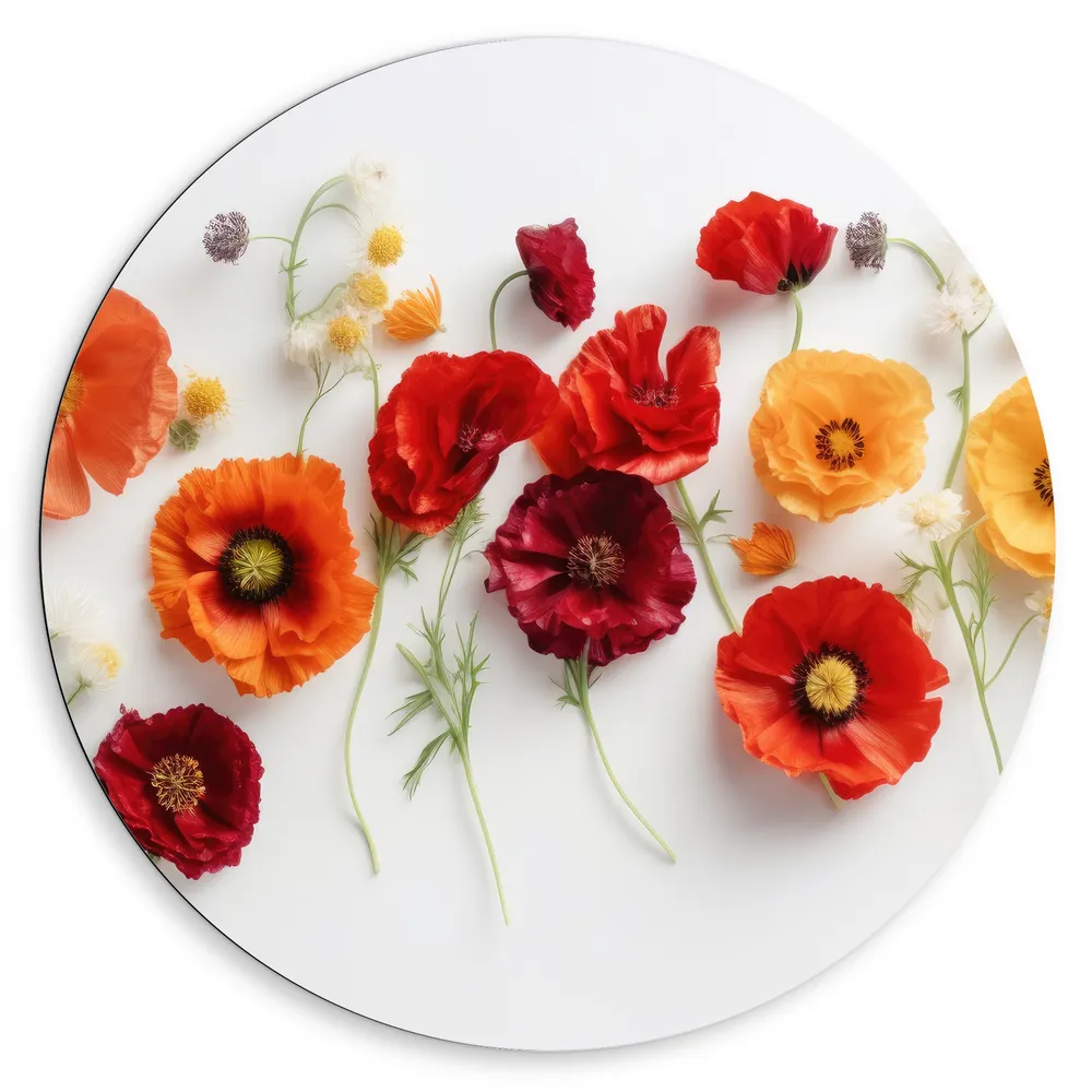 Dibond Muurcirkel - Rij van Planten en Bloemen in Verschillende Kleuren en Soorten op Wit Oppervlak