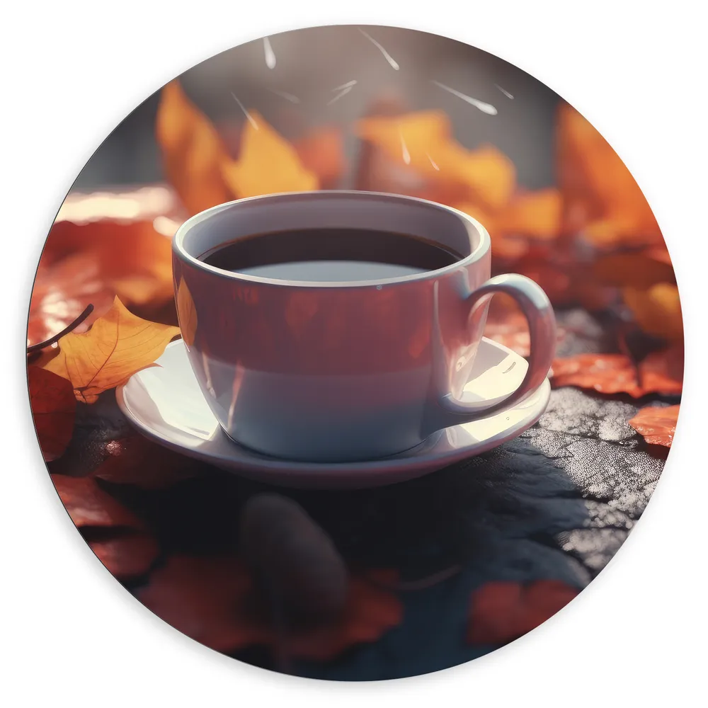 Dibond Muurcirkel - Verse Kop Koffie tussen Herfstbladeren