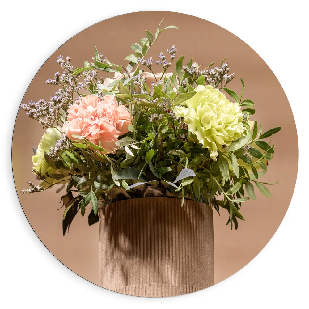Dibond Muurcirkel - Kleurrijk Boeket Bloemen in Gestreepte Vaas