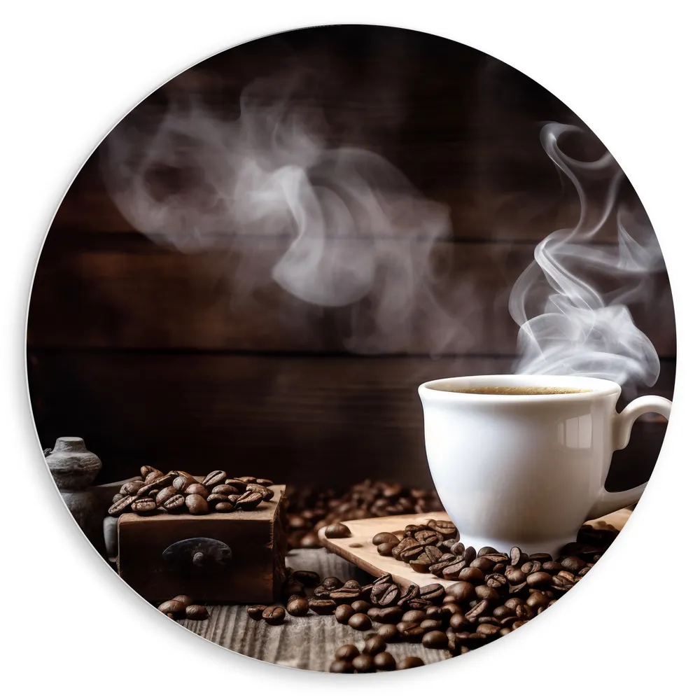Dibond Muurcirkel - Koffie - Koffiebonen - Kopje - Rook - Bruin