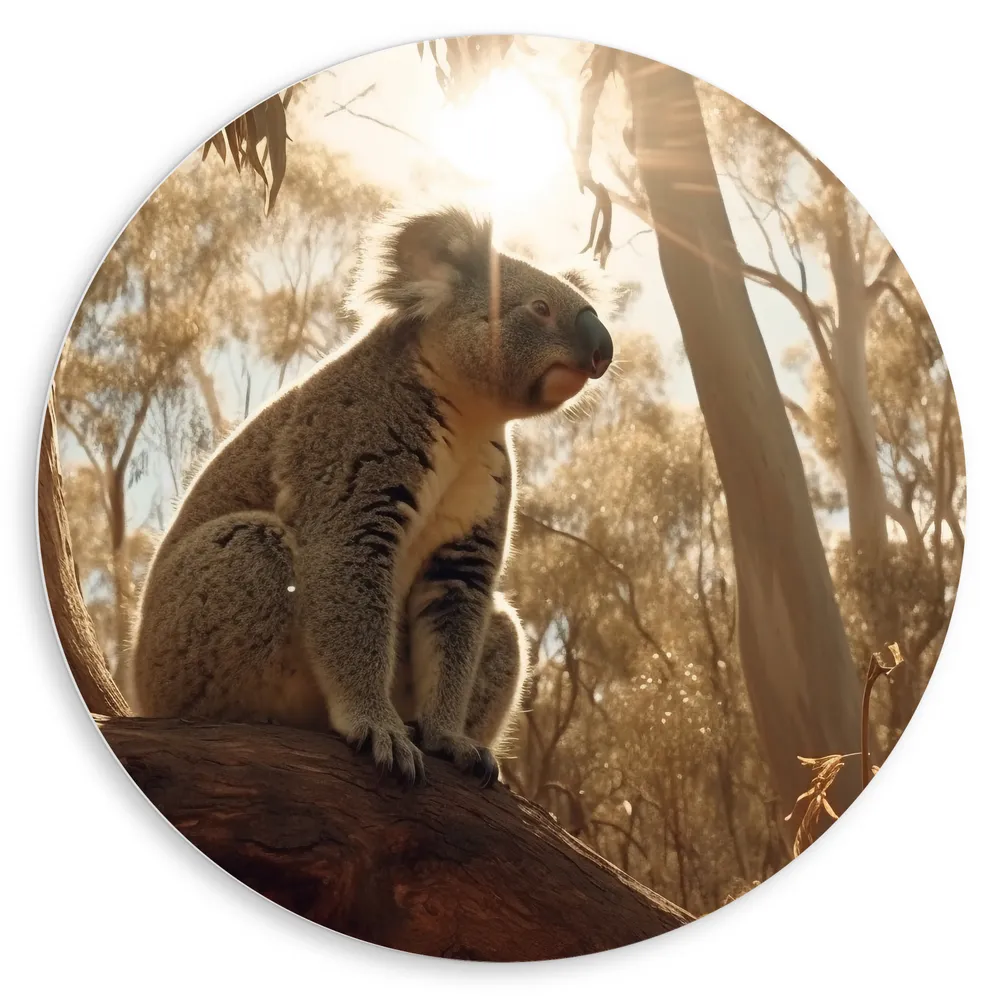 Dibond Muurcirkel - Koala Uitkijkend over het Bos vanaf Dikke Boomstronk