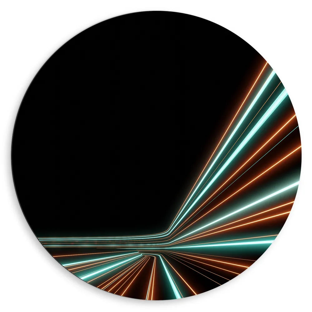 Dibond Muurcirkel - Groene en Oranje Kleurige Neon Strepen op Zwartkleurige Achtergrond