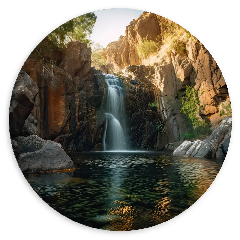 Dibond Muurcirkel - Waterval - Water - Rotsen - Planten - Zon