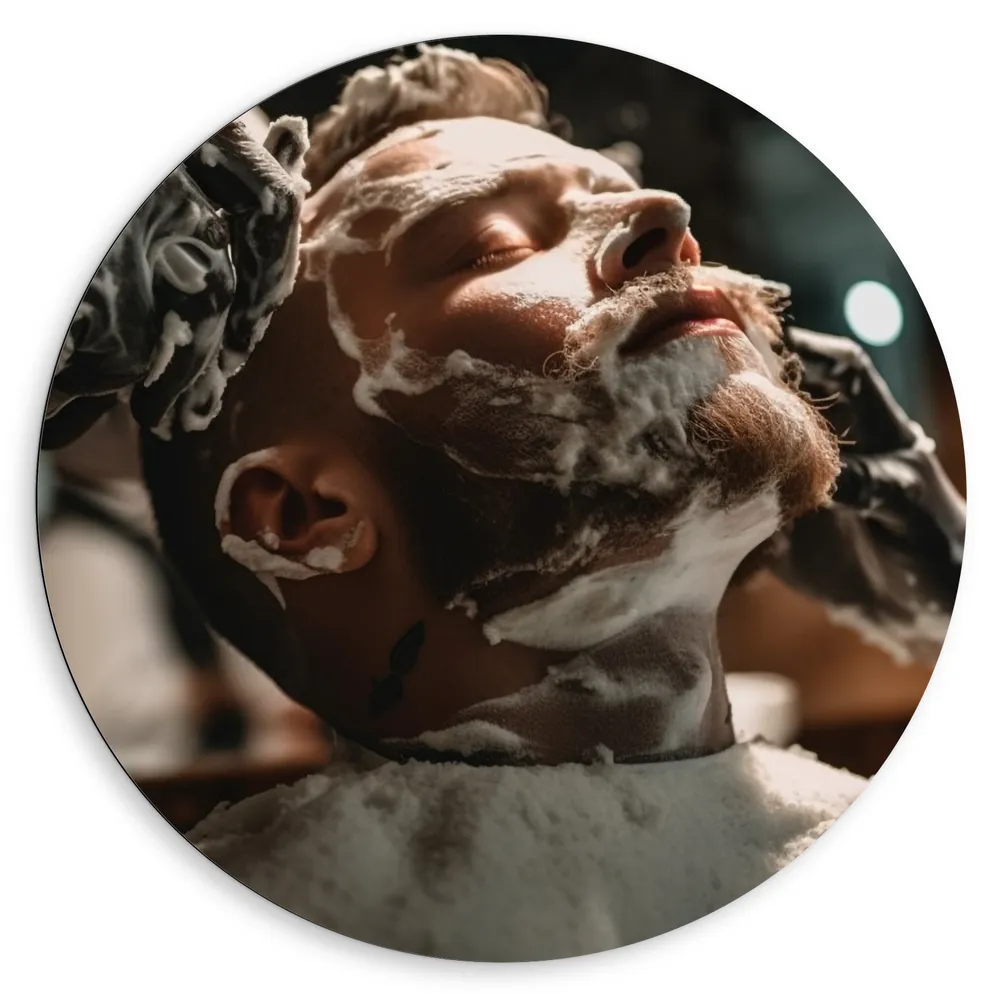 Dibond Muurcirkel - Man - Schuim - Baard - Scheren