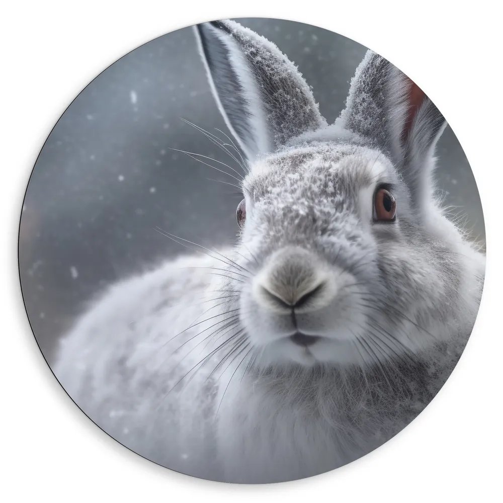 Dibond Muurcirkel - Konijn - Grijs - Wit - Sneeuw