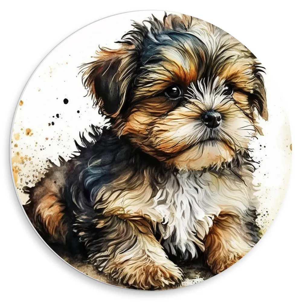 Dibond Muurcirkel - Waterverf Tekening van Bruin met Zwarte Puppy