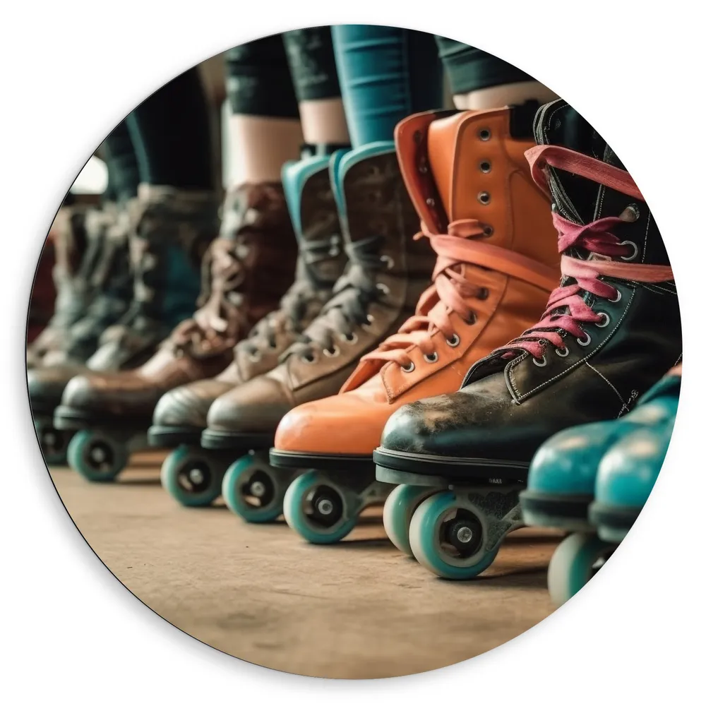 Dibond Muurcirkel - Rij Personen op Rolschaatsen